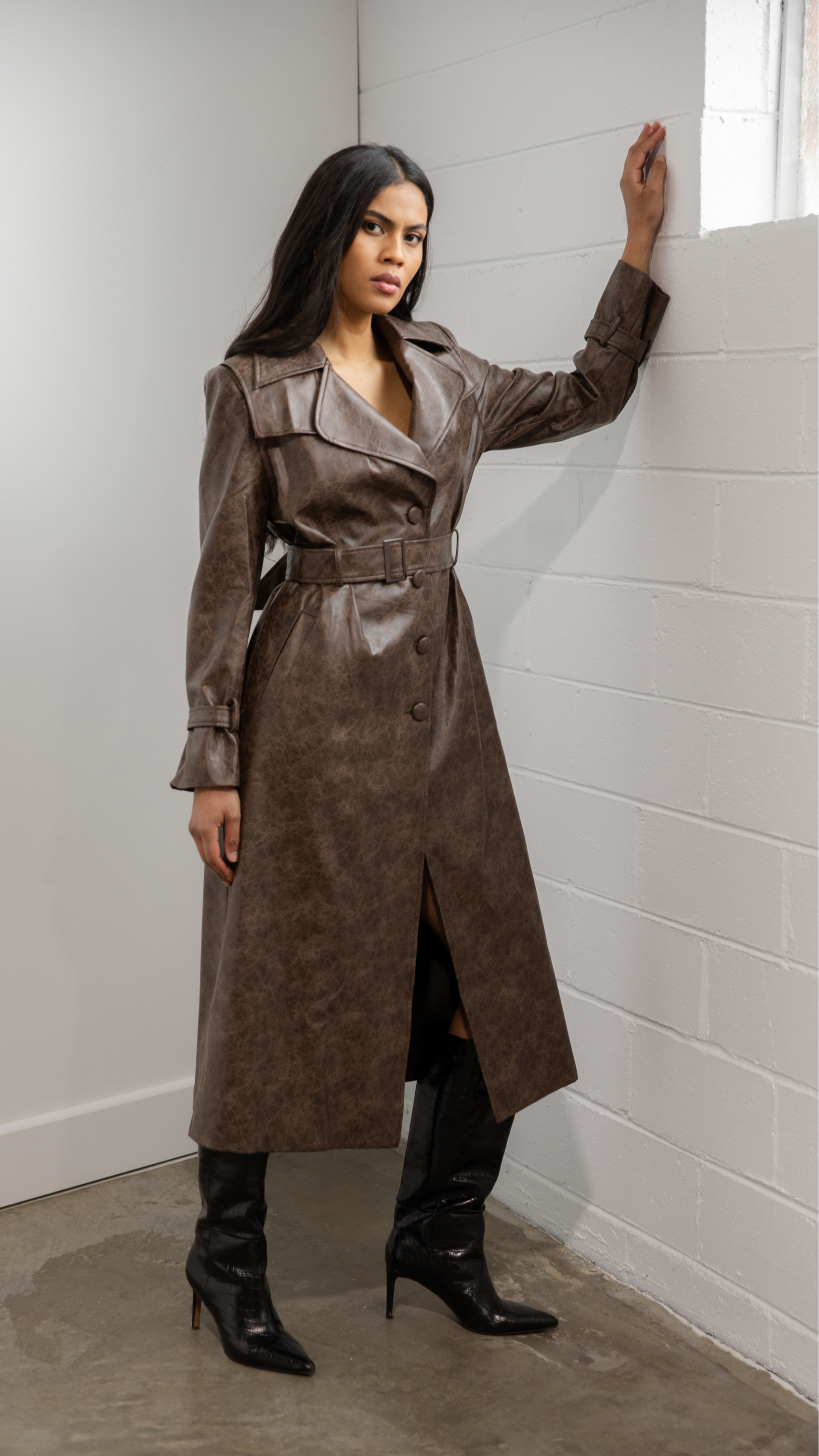 Bordeaux Faux Leather Trench Coat - Chocolate