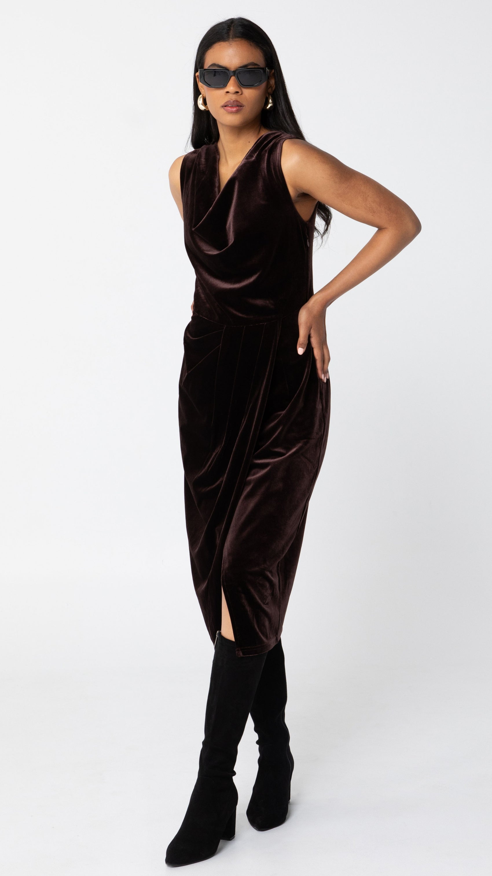 Emma Stretch Velvet Dress - Chocolate